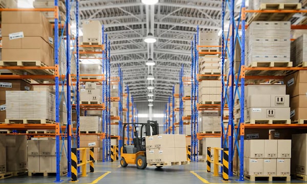 Almacén de logística con estanterías y carretillas